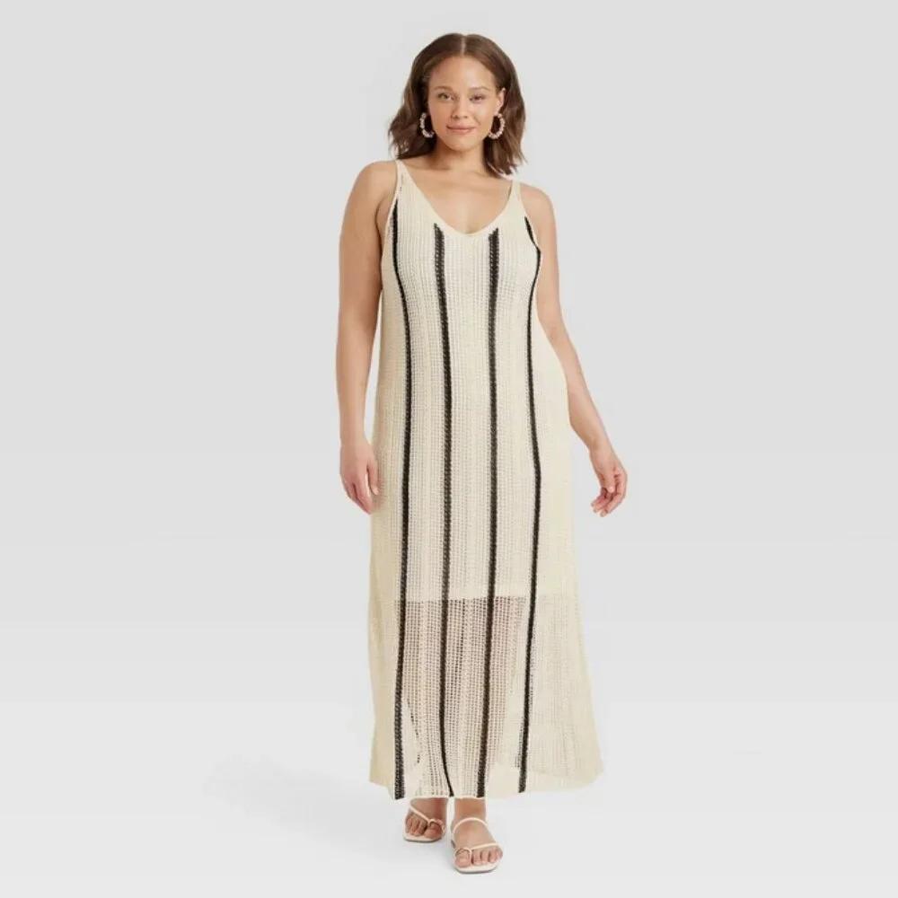 Women's Open Work Maxi Sundress - A New Day Cream/Black Striped S - Picture 1 of 4